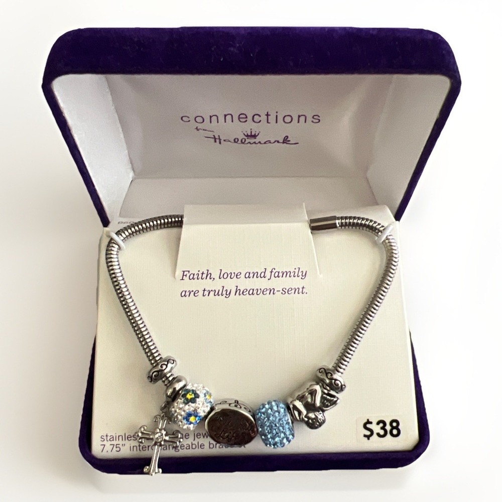 Stainless Steel Bundle Bracelet Faith Crystal Beads 7.75" Hallmark New Box READ